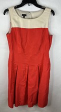 Talbots Women’s Dress 10 Tan Red A Line Sleeveless Lined Pockets Pleated