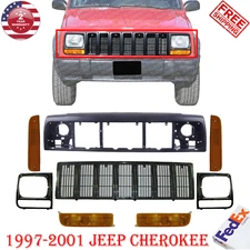 Grille Assembly + Header Panel + Bezels + Lights Kit For 1997-2001 Jeep Cherokee
