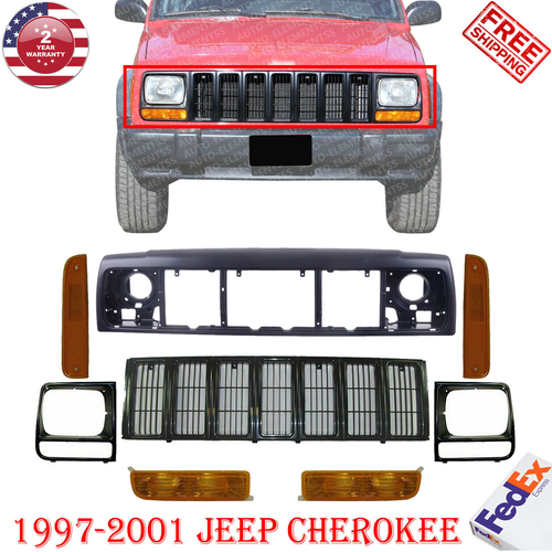 Grille Assembly + Header Panel + Bezels + Lights Kit For 1997-2001 Jeep ...