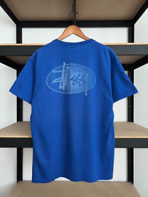 Vintage 90s Stussy Reflective Logo Made In USA Blue T-shirt Sz L
