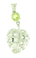 925 Sterling Silver Peridot Pendant - Hawaiian Monstera Leaf