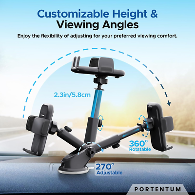 Porta Cellulare Auto PORTENTUM – Ventosa Nano-gel Super Potente, Braccio Regolabile 360° E 270°, Adatto A Telefoni Da 4 A 7 Pollici