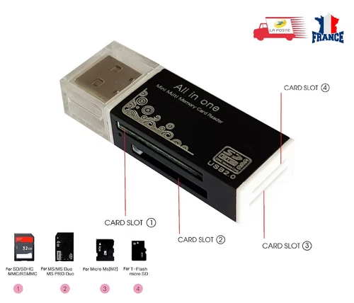 LECTEUR READER ADAPTATEUR USB MULTI CARTE MEMOIRE SD/SDHC/MMC/TFLASH/MICRO SD/MS