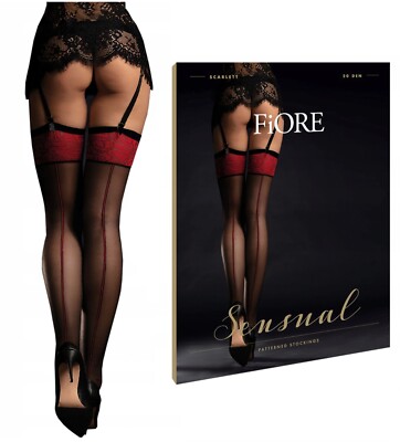 Fiore Scarlett 2 tone backseam designer top stockings stunning 20 Den Red/Black