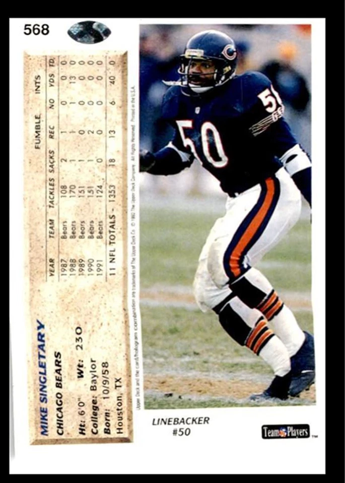 1992 Upper Deck Mike Singletary Chicago Bears #568 - Image 2 of 2