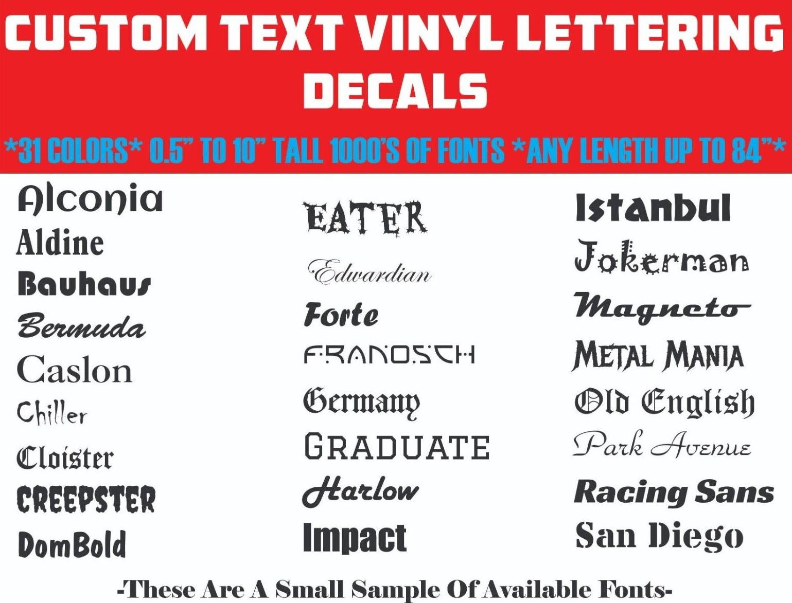 Custom Decals Vinyl Lettering - Any Text - 1000's Of Fonts- Many Colors + Sizes