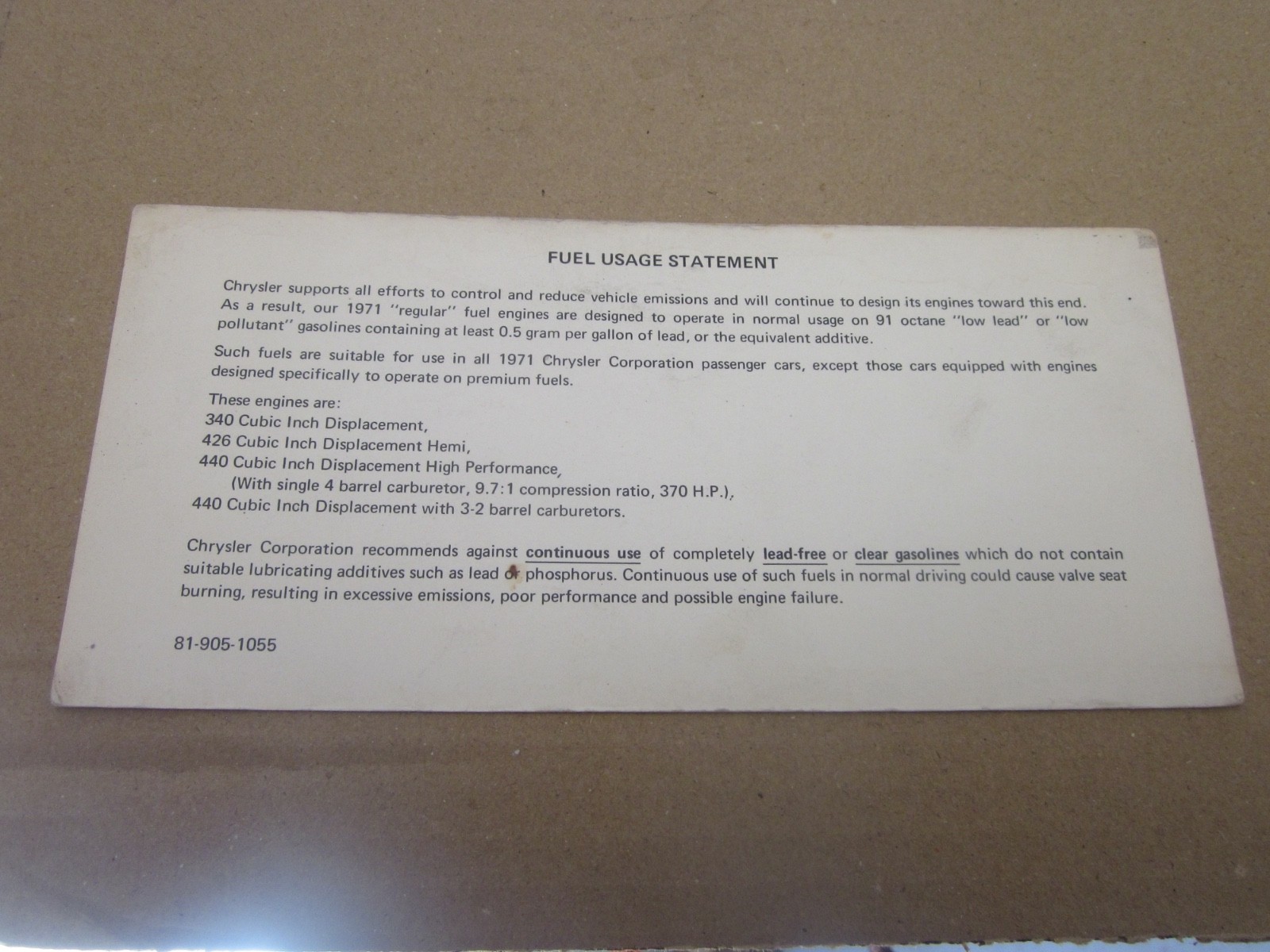 Mopar Chrysler Vintage Literature Fuel Usage Statement  1971 engines