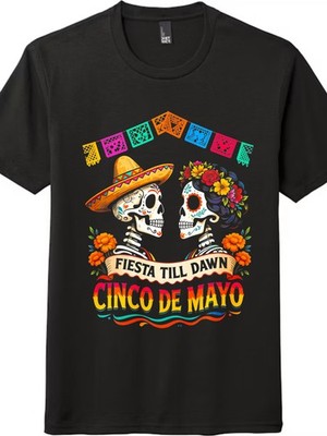 Cinco de Mayo Sugar Skull Couple ''Fiesta Till Dawn'' Festive Cotton T-Shirt