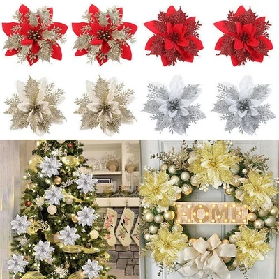 20PCS Christmas Poinsettia Glitter Flower Tree Hanging Xmas Party Decorations
