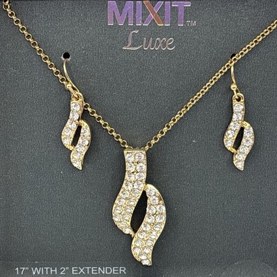 Mix-it Cubic Zirconia Earrings & Necklace Set  17  With 2  Extender Gold Tone