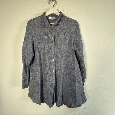 Christopher Calvin Womens Blue Linen Button-Down Long Sleeve Tunic Top Large