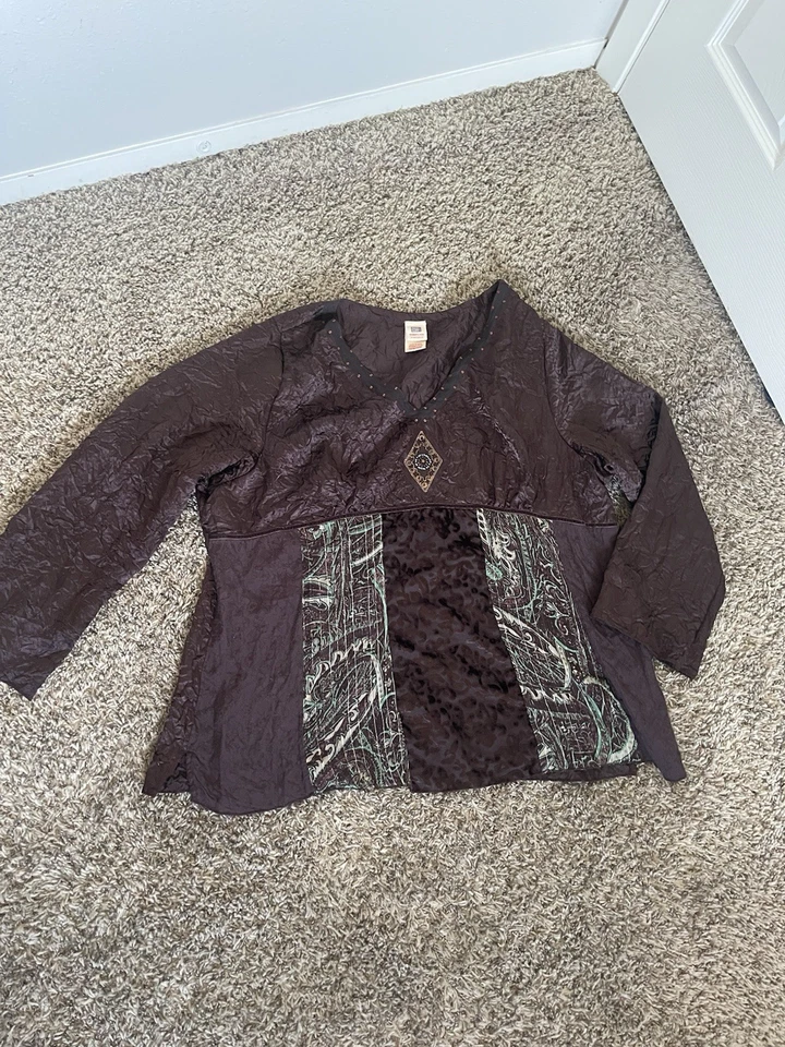 2000s/Y2K 3X-4X Desteñido Gloria Mujer Marrón/Verde Cuentas, Multi-Tela, Top Boho Foto 2 de 4