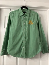 Ralph Lauren Sport Shirt Womens 14 Green Striped Button Down Gold Crest Logo RL