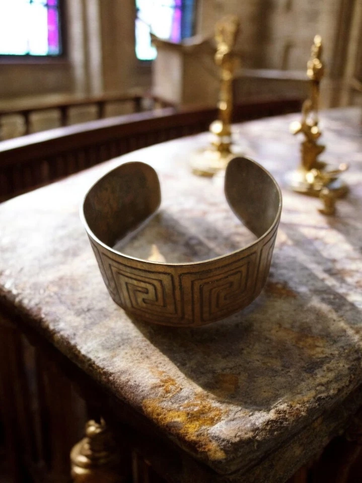 Bracelet jonc vintage laiton décor géométrique, manchette ancienne chic - Photo 1/1