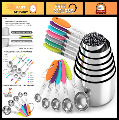 Nesting Measuring Cups & Spoons Set - Stainless Steel, Silicone Handle, Heavy Du