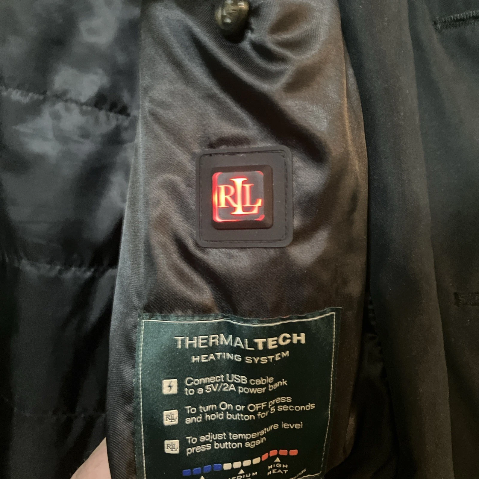 Ralph Lauren Men's Classic Thermal tech Heated Black Raincoat 46R W/Batt