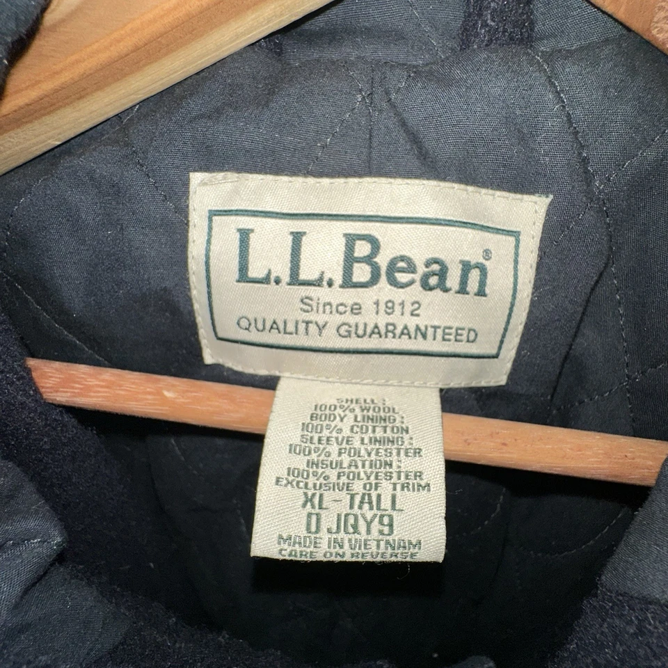 L L BEAN Mens XL Tall Wool Duffle Coat Black Hooded Toggle Warm Lined Jacket - Image 3 of 4