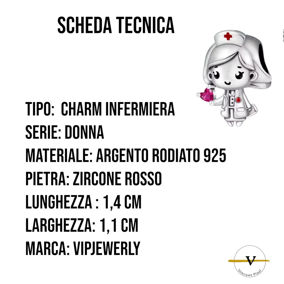 CHARM DONNA INFERMIERA ARGENTO 925 ZIRCONE ROSSO BRACCIALE BRACCIALETTO - Immagine 3 di 4