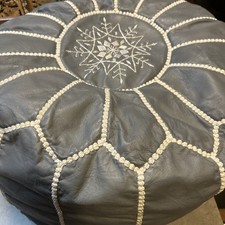 Moroccan Handcrafted Soft Grey Leather Beanbag Pouf Chair Ottoman , 19”x12”