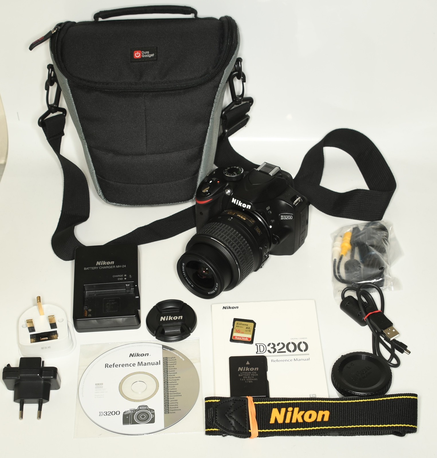 Nikon D3200 DSLR Camera + Nikon 18-55mm VR Lens +Bag +16GB mem Shutter 210. MINT