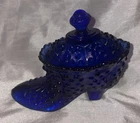Vintage Fenton Cobalt Blue Hobnail & Shell Shoe Slipper w/ Lid