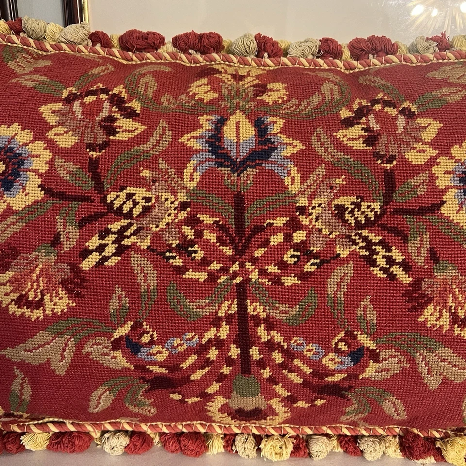 William Morris Old World Red Floral Needlepoint Pillow Wool Embroidery 18" x 28" - Image 2 of 4