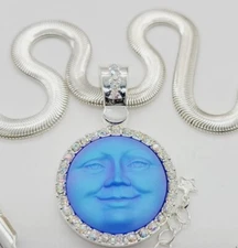 Kirks Folly Glass Seaview Moon Pendant Necklace Set 2pc Silver tone Blue