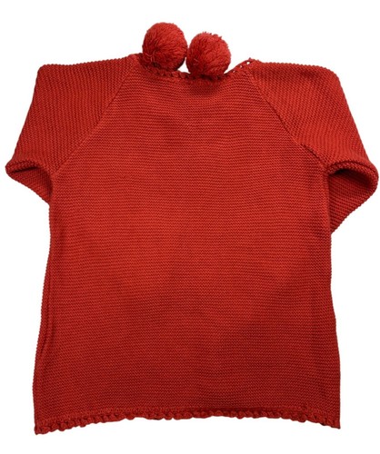 Franeamacrina Crochet Girls Red Orange Knit Cardigan Open Front Pom-Pom Ties - Picture 5 of 12
