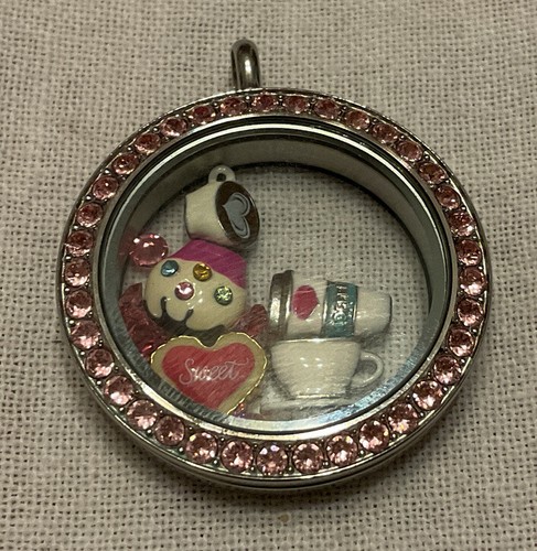 Origami Owl Lg Silver Screw On Locket W/5 Coffee Break Charms + 7 Pink Crystals - Picture 2 of 2