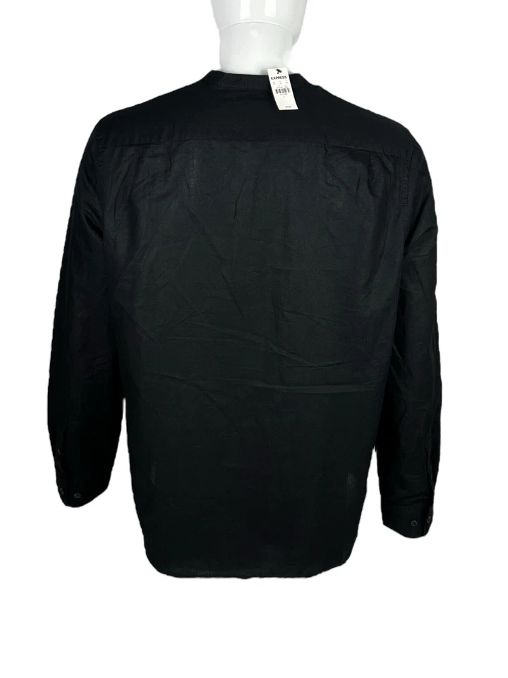 Express Mens Large Shirt Linen Cotton Blend Black Long Sleeve No Collar Band NWT - Image 4 of 4