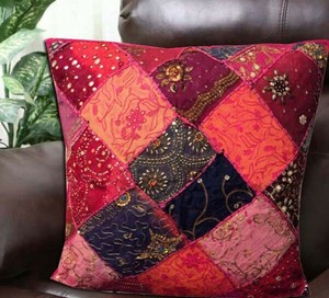 30-034-FUCHSIA-ANTIQUE-BEAD-DECOR-SEQUIN-SARI-BED-THROW-ACCENT-CUSHION-PILLOW-COVER