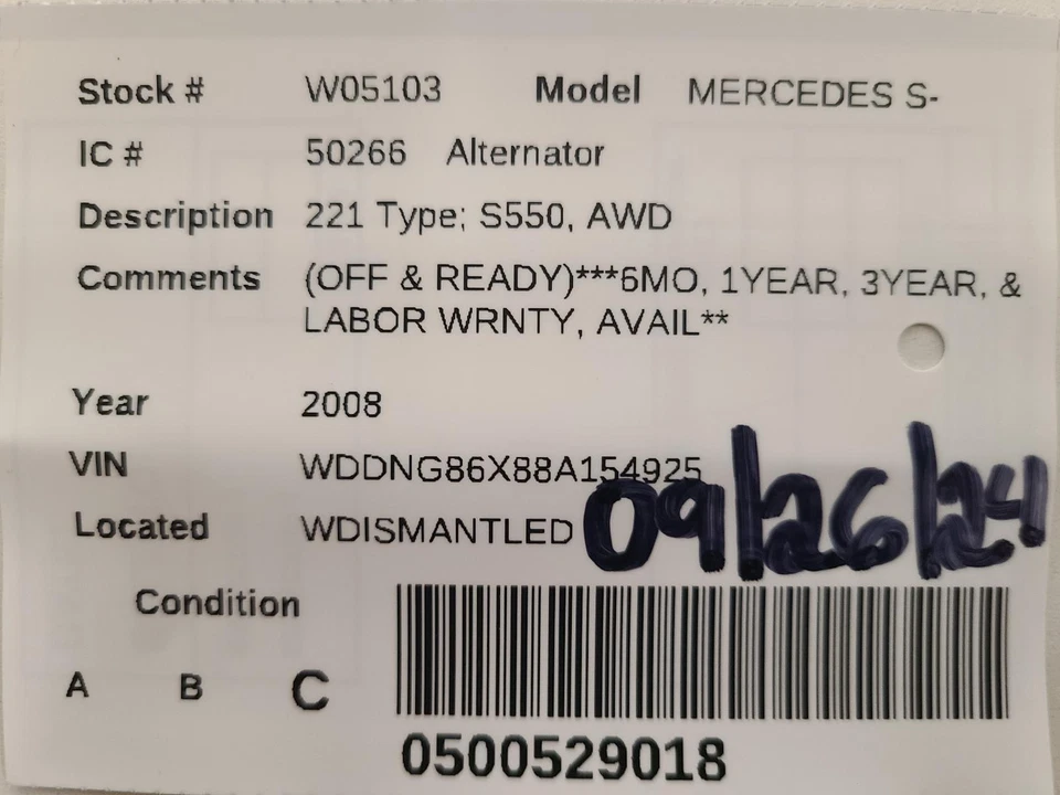 Alternador usado se adapta a: Mercedes-Benz Mercedes clase s 221 2008 tipo S550 AWD a través de Foto 4 de 4