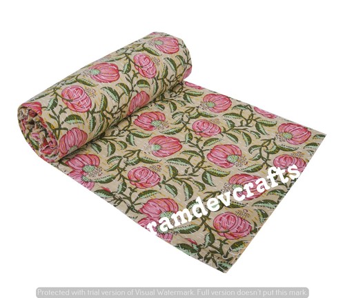 Kantha Quilt Cotton Handmade Indian Bedspread Hand Block Print Throw Blanket - Picture 5 of 6
