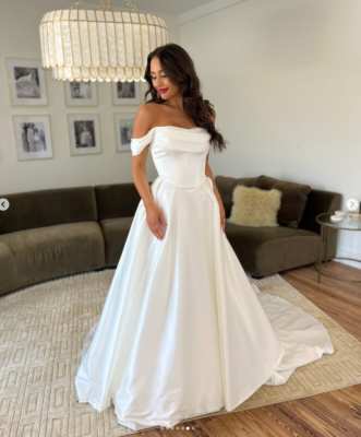 elegant A line wedding dress off shoulder pleate satin bridal dress Sweep Train Ivory / 10