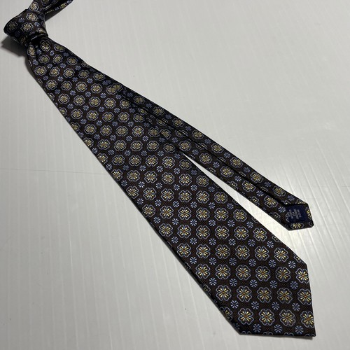 Paul Fredrick Chocolate Brown Blue Gold Medallions Florets Silk Tie Extra Long - Picture 10 of 10