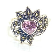  SIZE 6,7,8 PINK TOPAZ HEART RING with Marcasite Stones 925 STERLING SILVER