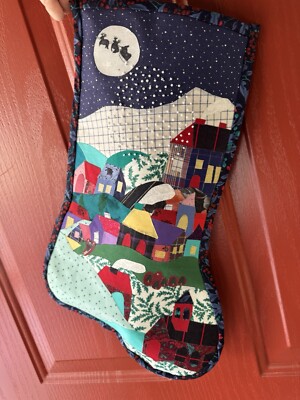 Patchwork APPLIQUE Fabric Embellished NIGHT BEFORE CHRISTMAS Stocking OOAK HAND