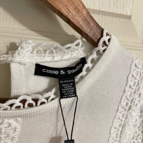 Cable & Gauge Womens NWT White Crochet Details Ribbed Trim Bohemian Sweater XL - Picture 2 of 9
