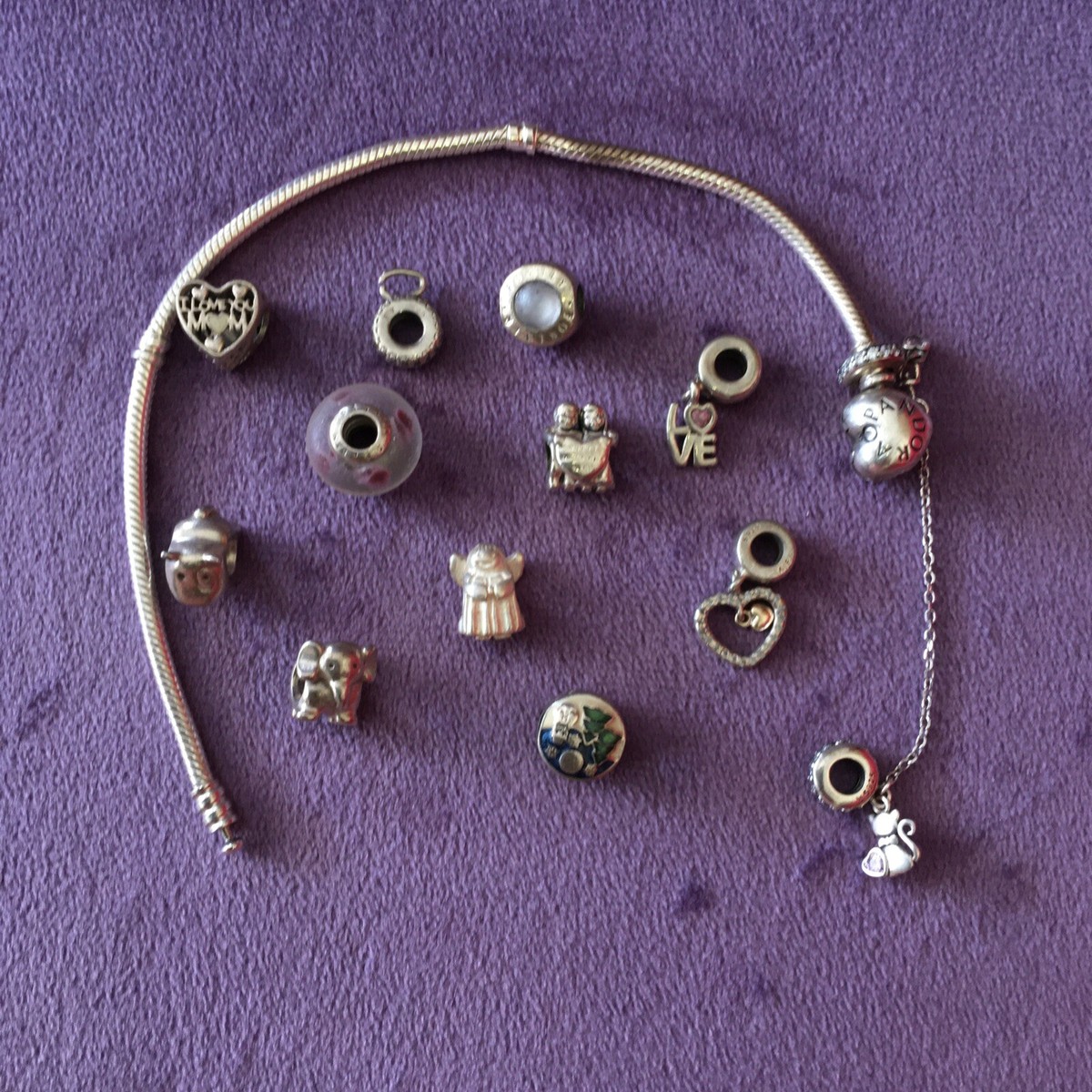 Auth. PANDORA Sterling Bracelet 12 Charm Barrel Clasp Safety Chain