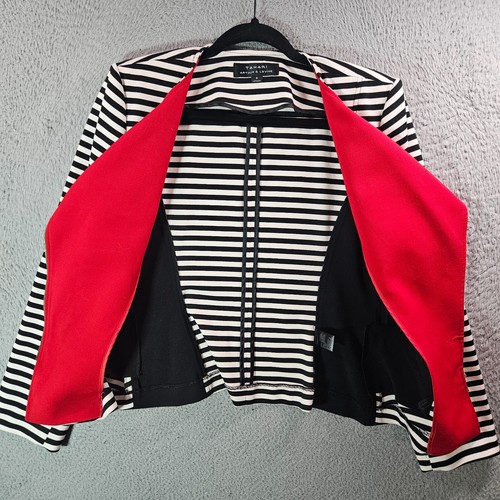 Tahari Moto Blazer Jacket Women Sz 8 Asymmetrical Design Red White Black Striped - Picture 9 of 17