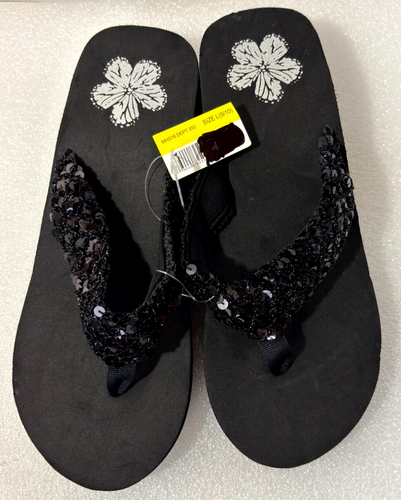 Keilsandalen Damen-Flip-Flops Strass Glitzer schwarz Perlen Blumenmuster Größe 9/10 - Bild 5 von 7