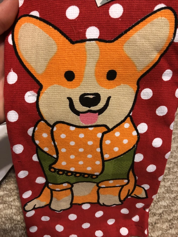 Toalla de cocina Corgi perro cachorro nueva con etiquetas. Lunares rojos blancos otoño invierno  Foto 2 de 3