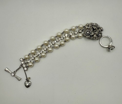 Betsey Johnson bridal charm bracelet faux pearl rhinestone strand solitaire ring - Picture 10 of 15