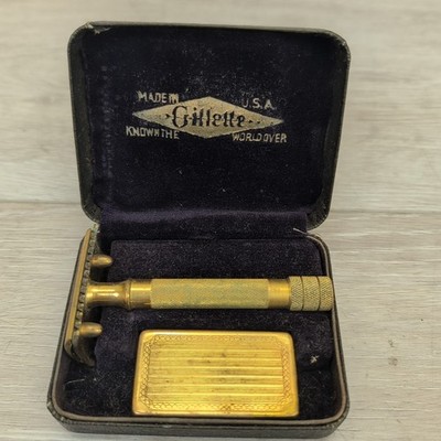 Vintage Gold Gillette Cigarette Safety Razor Set W/ Case USA Made 