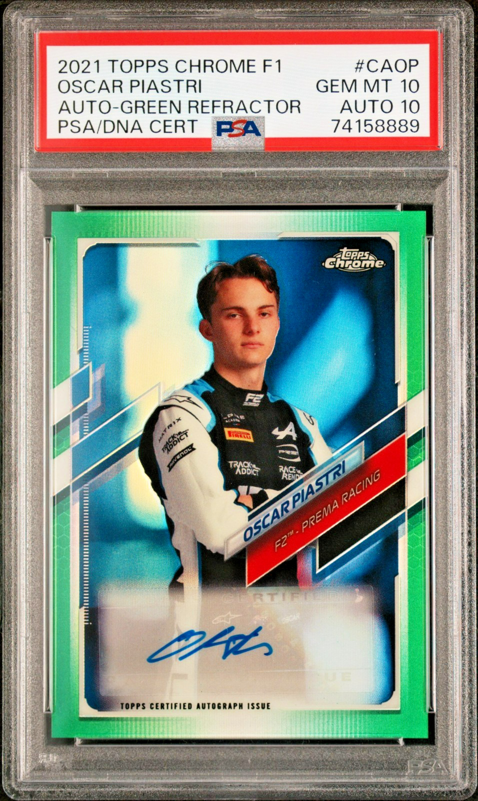 2021 TOPPS CHROME F1 OSCAR PIASTRI GREEN REFRACTOR RC AUTO DUAL #/99 PSA 10 GEM