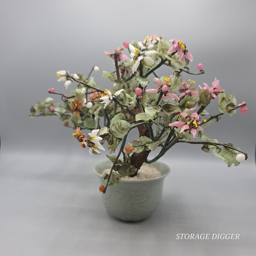 Vintage chinesische Jade Quarz Stein Glas Blume Bonsai Baum 10" x 15" Seladon - Bild 6 von 16