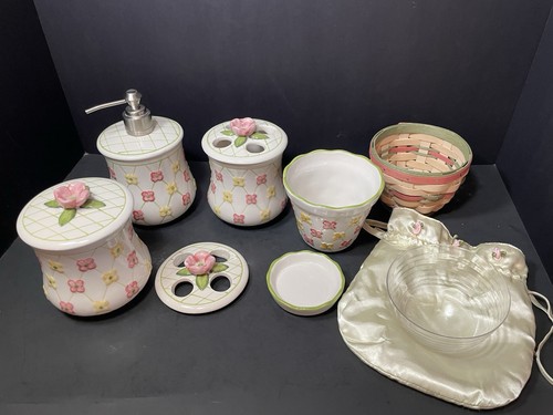 Longaberger Lot Of 5 Dogwood Bathroom Accessories Flowerpot Canister Toothbrush