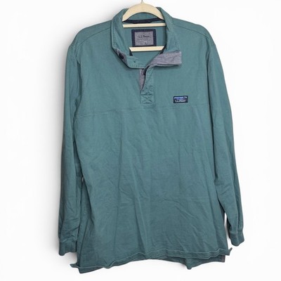 LL Bean Rugby Shirt Mens Large Tall Blue Green Quarter Button Long Sleeve Polo