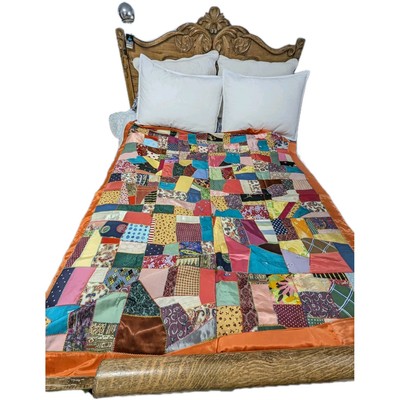 Vintage Crazy Patchwork Quilt Hand Stitched Orange Satin Edged & Backed 54 x 66