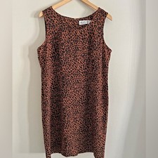 Vintage 90s Leopard Print Midi Dress Womens 14 Brown Black Sheath Sleeveless